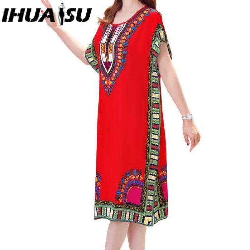 

IHUASU Летнее платье Геометрический принт Пуловер Один размер Шикарное женское платье миди для дома one size розы красного