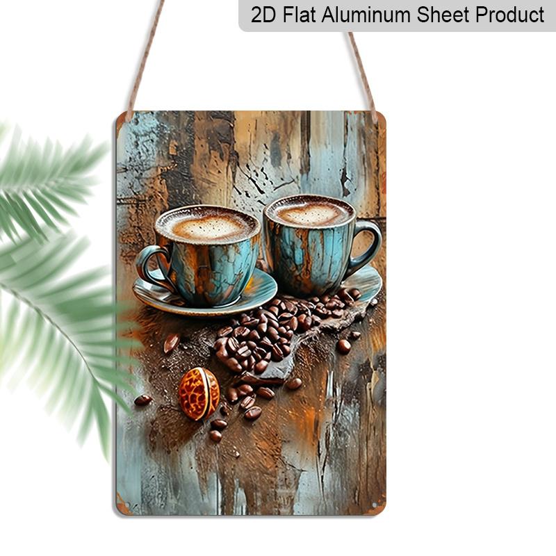 

2D Flat Vintage Coffee Cup and Coffee Beans Metal Wall Art - 8x12 Inch Rustic Decor, Durable Aluminium Sign, Suitable for Home, Kitchen, Bar, Garden 20*30cm