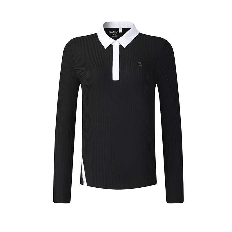 FILA Golf Series Sporty Fashionable Versatile Simple Knitted Long Sleeve Polo Shirt Women tops Deep-Black A11W515207F-BK