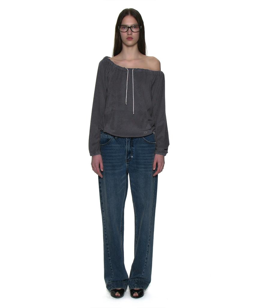 PARTIMENTO WOMEN Terry Drawstring Off-Shoulder Top_Charcoal