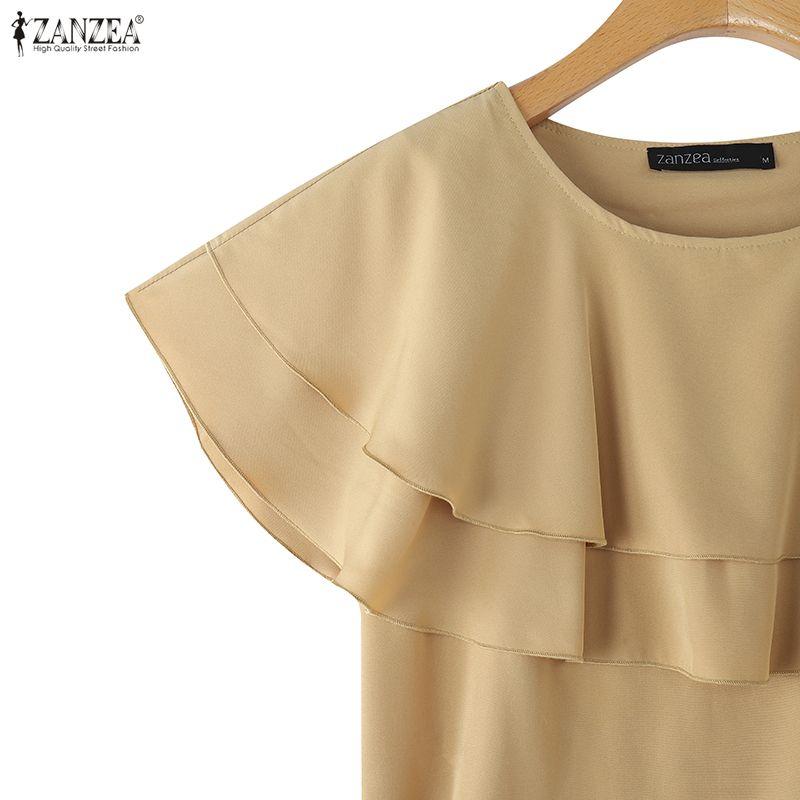 ZANZEA Women Casual Round Neck Summer Short Sleeve Ruffles Blouse