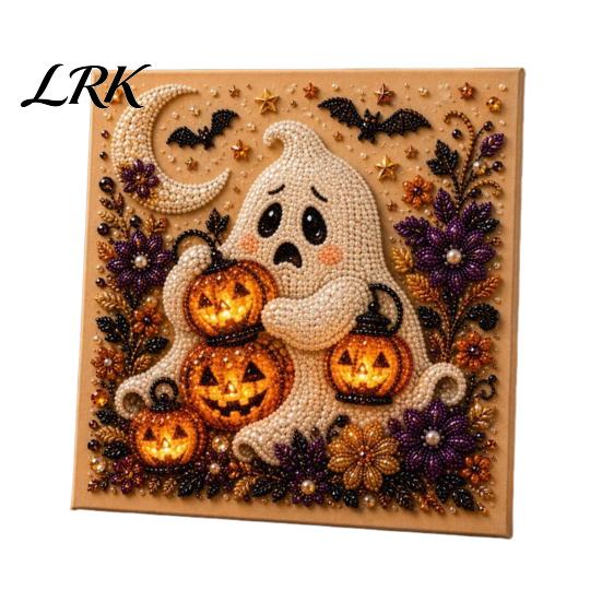 Handmade Autumn Wall Decor Halloween Faux Pearl Art Kit, Cute Ghost Skeleton Painting Room DIY 3D Craft Kit for Adults, Fall Home Diy