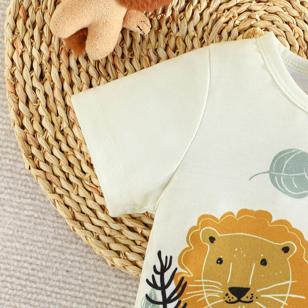Conjunto de dos piezas para niños de verano con estampado de animales lindos + Pantalones cortos de color liso