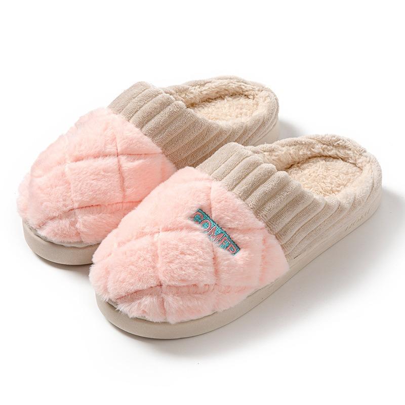 Cotton slippers women's autumn and winter color matching outdoor home couple warm plush thickened fluffy confinement shoes men