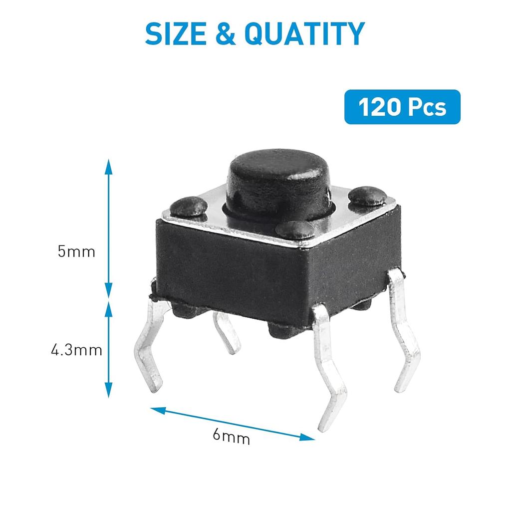 QTEATAK 120 Pcs 6 X 6mm X 5mm Momentary Tactile Tact Push Button Switch for PCB 4 Pin DIP Black