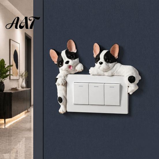 Creative Light Switch Ornament 3D French Bulldog Resin Cover, Cute Cartoon Dog Wall Socket Frenchie Room Decor Decor, Self-Adhesive Animal