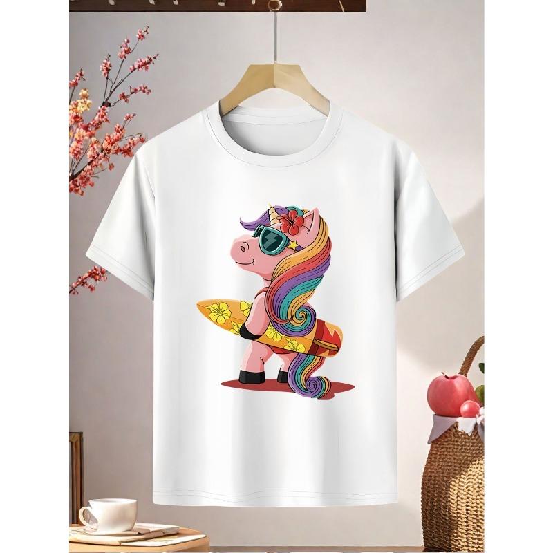 Europeiska storlekar Flickors Enhörnings Surf T-shirt - Söt Regnbåge & Enhörnings Grafisk T-shirt med Pastellfärger, Mjuk Rundhalsad Sommarskjorta för Strand,
