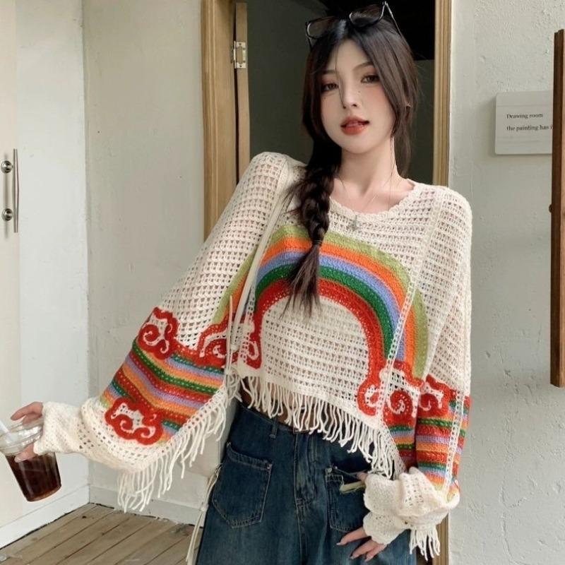 

Радужный ажурный женский свитер Вязаный свитер крючком Цветной вязаный свитер Весна Осень Многослойный Женский Модный Свободный Топ XL
