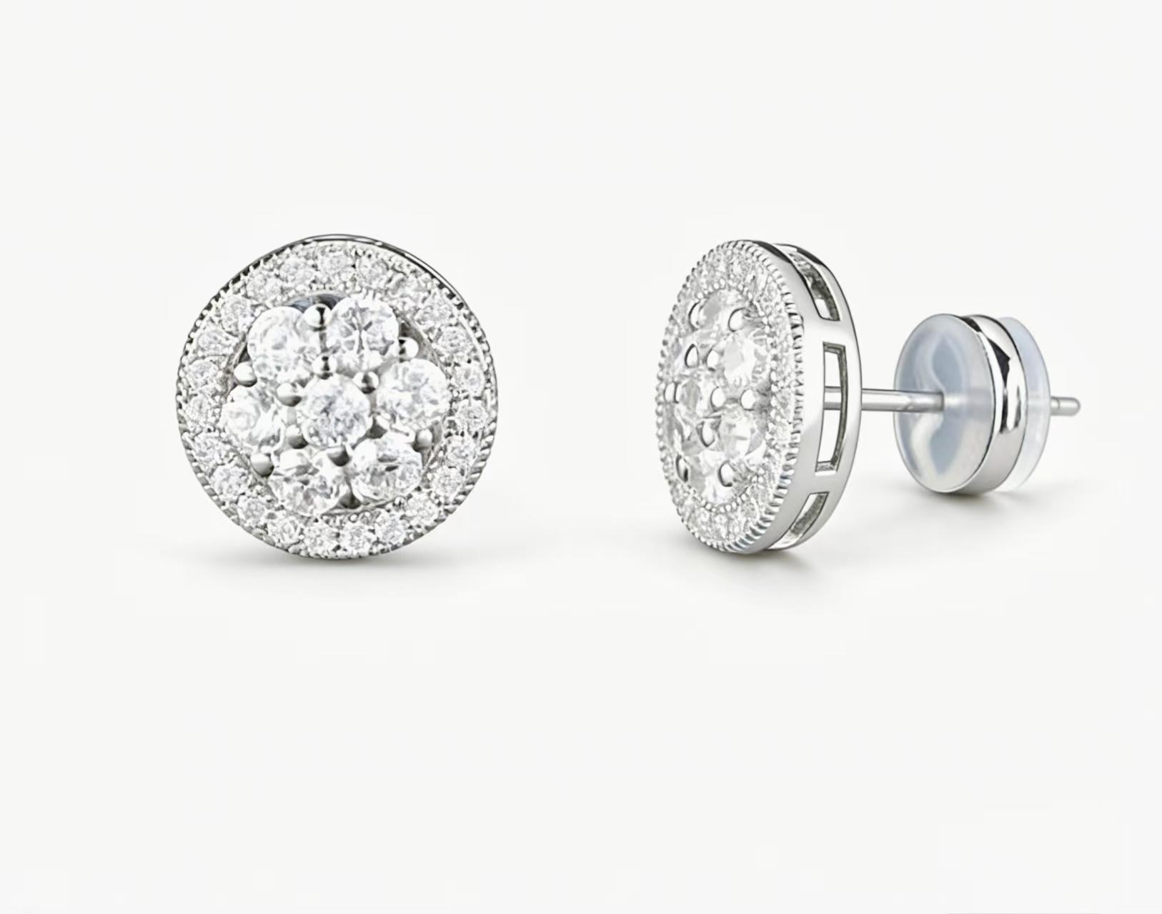 Round Halo Cluster Iced Out Moissanite Stud Earrings Copper Hip Hop Jewelry For Men Women 2.4mm белый