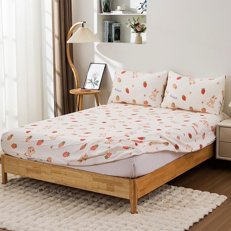 Set 3 Piese Iepure Căpșună Cearceaf Prietenos cu Pielea 100% Poliester 1 Cearceaf cu Elastic 2 Fețe de Pernă Husă Protectoare pentru Saltea Fără Umplutură pentru Pernă