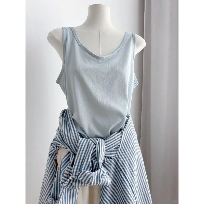 

Plus size 150.00kg Cool Feeling U Collar Ice Silk Sleeveless Vest Women Summer Outer Wear Covering Supernumerary Breast Loose Feeling Dungaree Shirt Blue L
