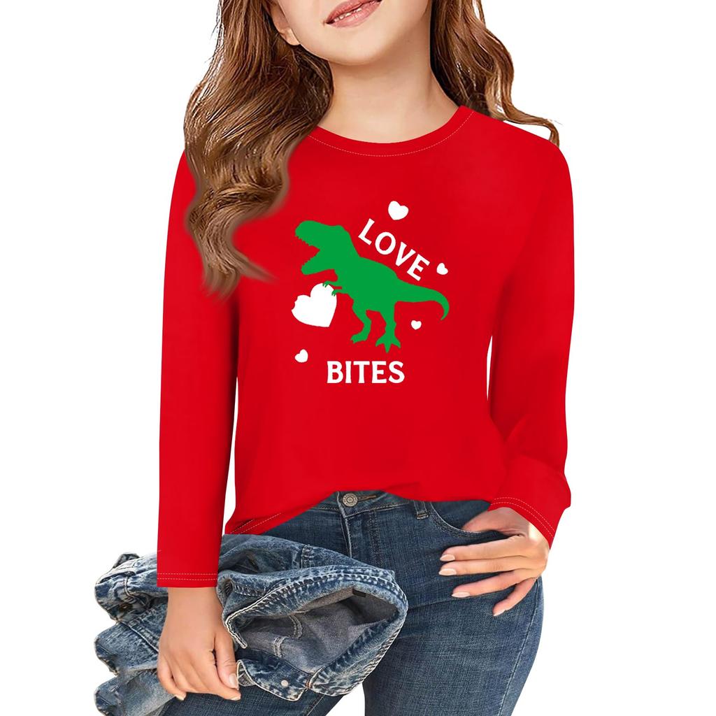 Dziewczęce koszulki z długim rękawem Love na Walentynki, dziecięce jesienne topy, basicowe koszulki z okrągłym dekoltem 5-14L
