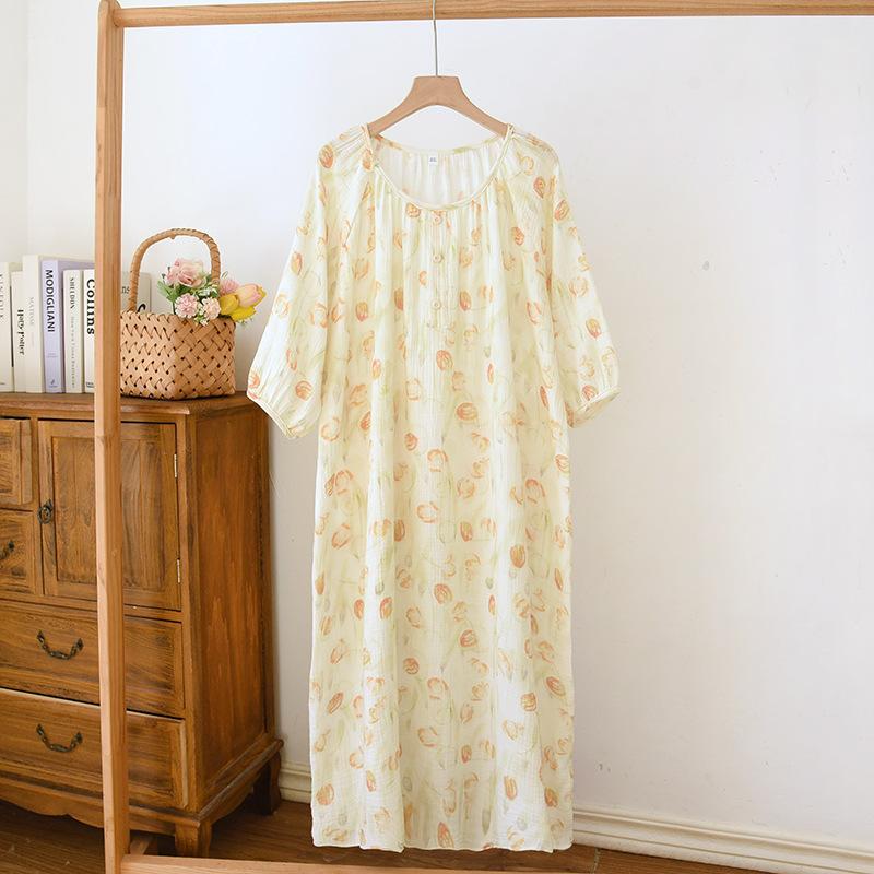 2026 New Women's Spring/Summer Sleeping Skirt 100% Cotton Crepe Cloth Skirt Round Neck Five Sleeve Loose Sweet Home Dress