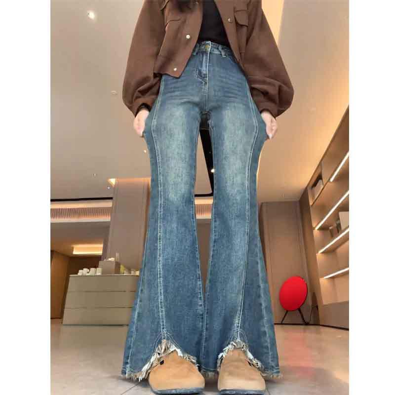 Women's Retro Blue High-Waist Flared Jeans - Frayed, Split, Plus Velvet, Plus Size, Slimming, Elastic for Autumn/Winter.
