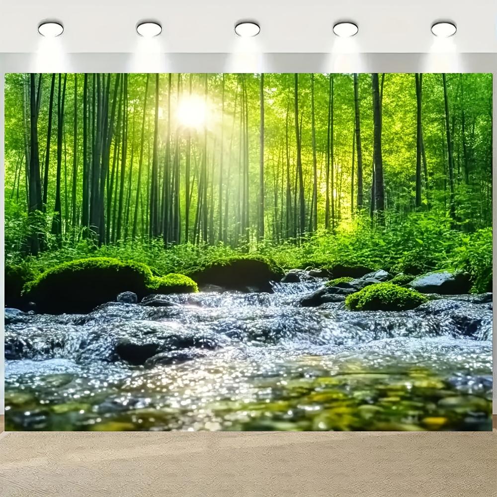 1 Piece Dense Forest Morning Sunrise Photography Background - Reusable Vibrant Green Trees and Stream Scenes