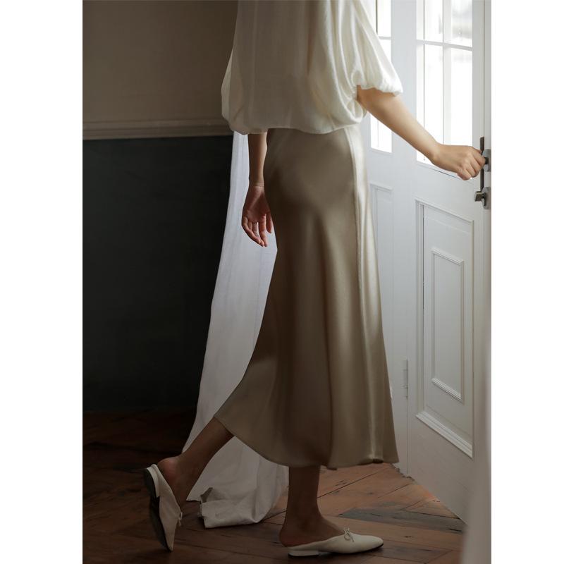 Comfort Memory Imported Acetate Satin A-Line Skirt with Silky Drape and Slimming Elastic Waist