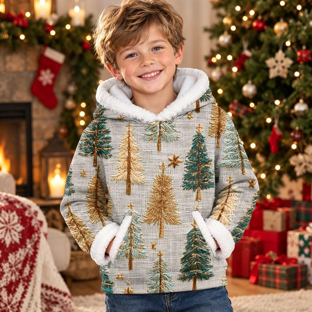 Kids Long Sleeve Christmas Print Casual Fashion Hooded Top