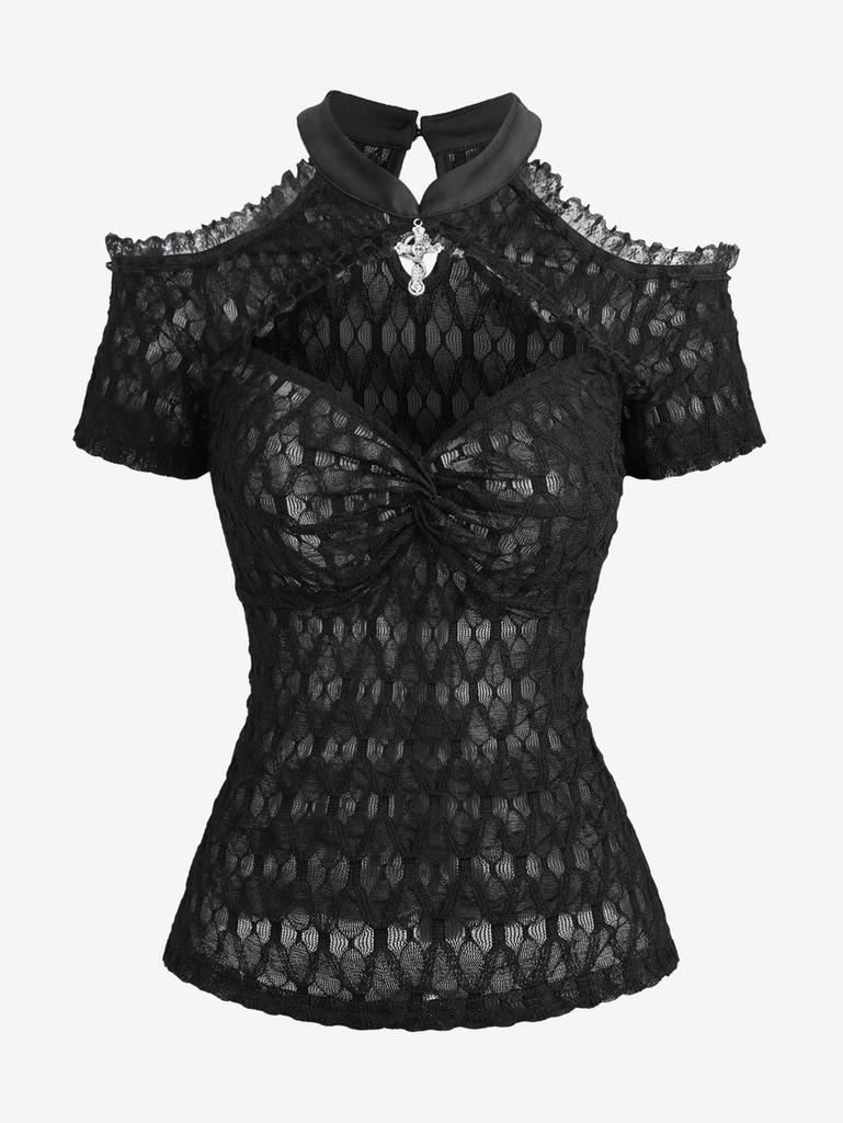 Rosegal Gothic Cold Shoulder Skull Cross Cut Out Panel Twist Crochet Lace Semi See Through Top