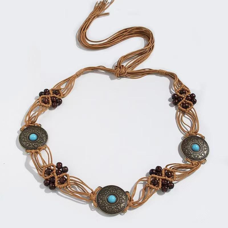 Bohemian Retro Style Belt Women'S Hand-Woven Turquoise Fringed Waist Chain With Skirt Versatile Temperament Advanced