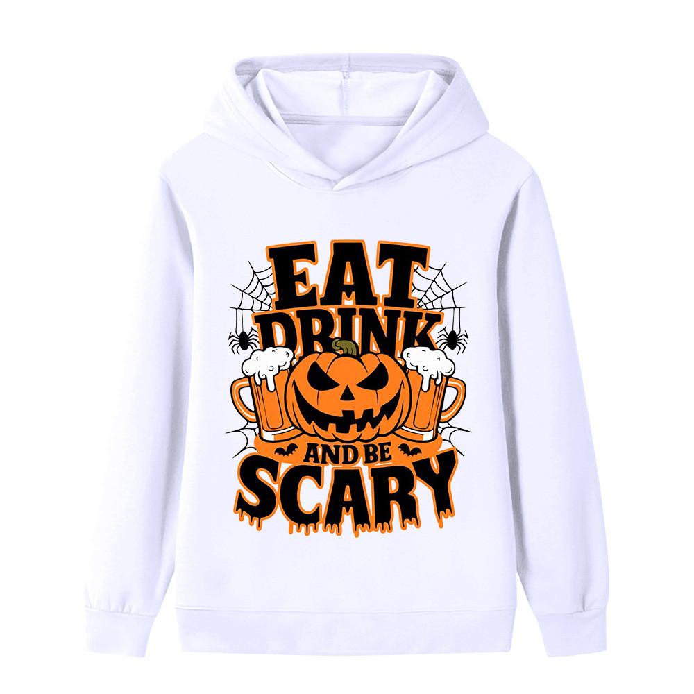 Soft Children Hoodie, Halloween Pumpkin Beer Cup Spider Web Slogan Print, Autumn Winter Long Sleeve Pullover Sweatshirt For Kids Daily Wear