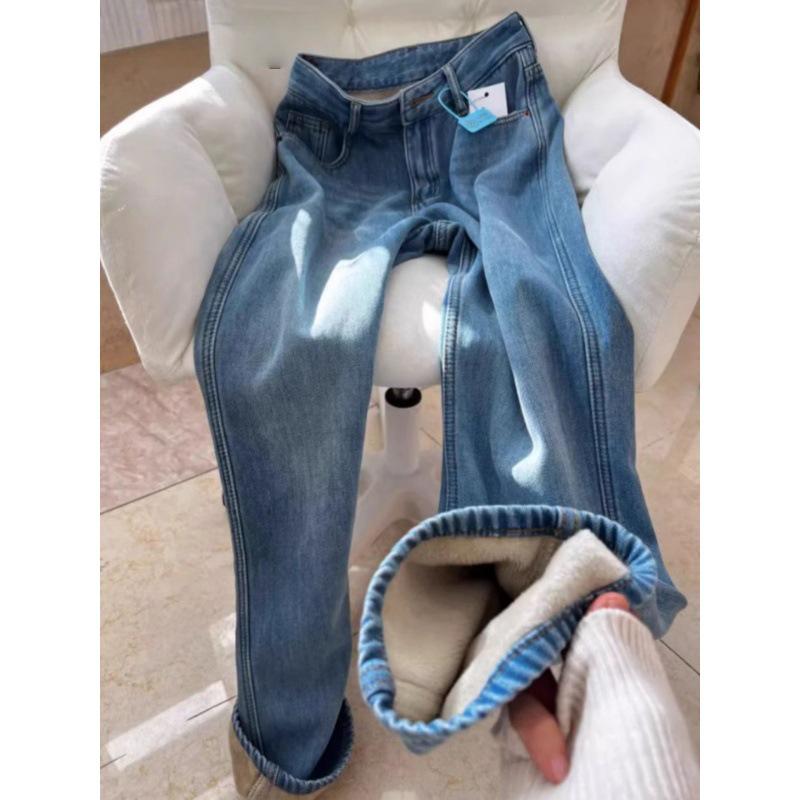 American Style Velvet Straight Leg Jeans for Women s Winter - Plus Size Pear Shape Loose Slimming Pants 4XL