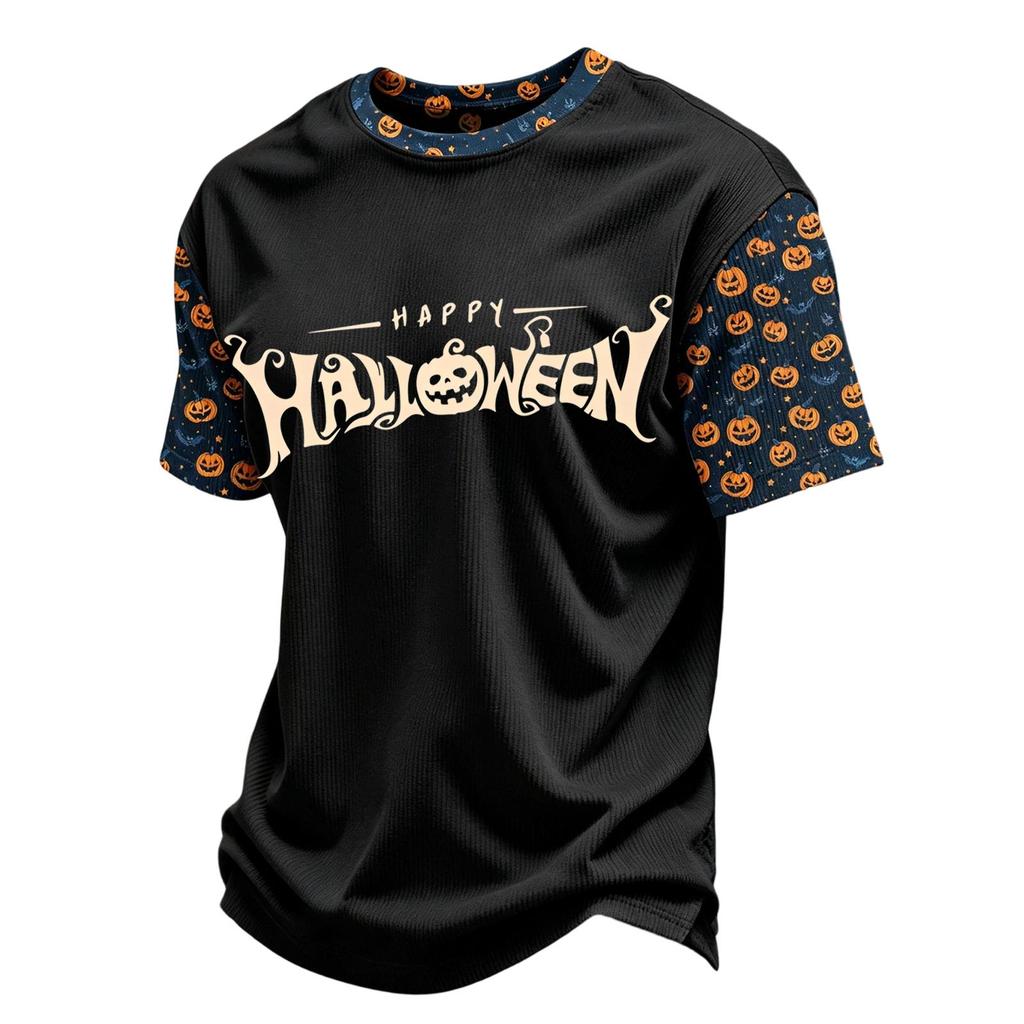 Herren Casual Corduroy Kurzarm Leicht Atmungsaktiv Rundhalsausschnitt Oberteil Halloween-Thema Aufdruck Buchstaben Design Bequeme Passform
