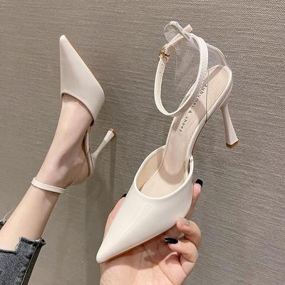 Baotou Sandals Women's Summer New One-word Belt Buckle High-heeled Sandals Patent Leather Temperament Hollow High-heeled Shoes
