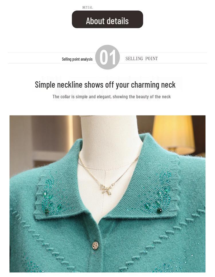 Elderly Women's Pure Wool Knitted Cardigan, Loose Plus Size Outerwear for Spring and Autumn