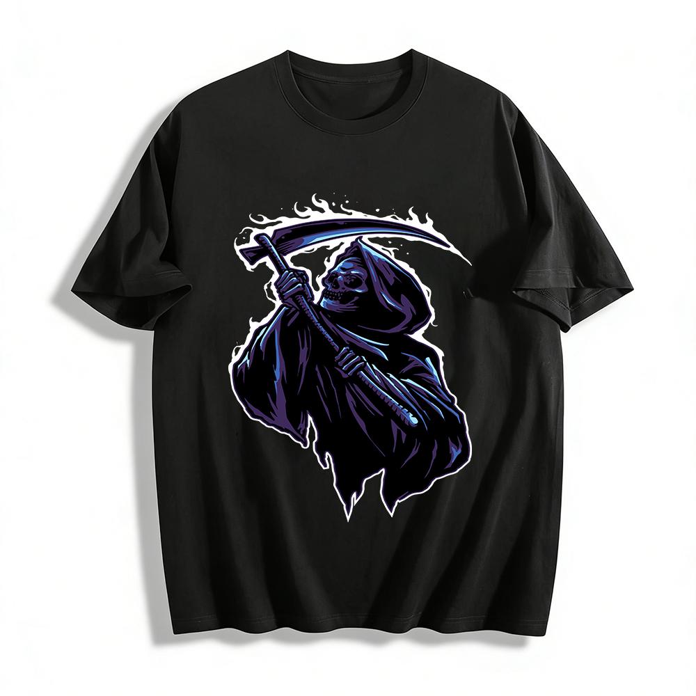 Dark Style Grim Reaper Scythe Skull Graphic Casual Top Pure cotton T-shirt XXS