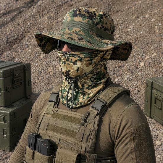 Camouflage Sonnenhut mit Sturmhaube Gesichtsmaske, UV-Schutz Herren Hut mit breiter Krempe, Atmungsaktiver Fischerhut für Outdoor Angeln Wandern Radfahren