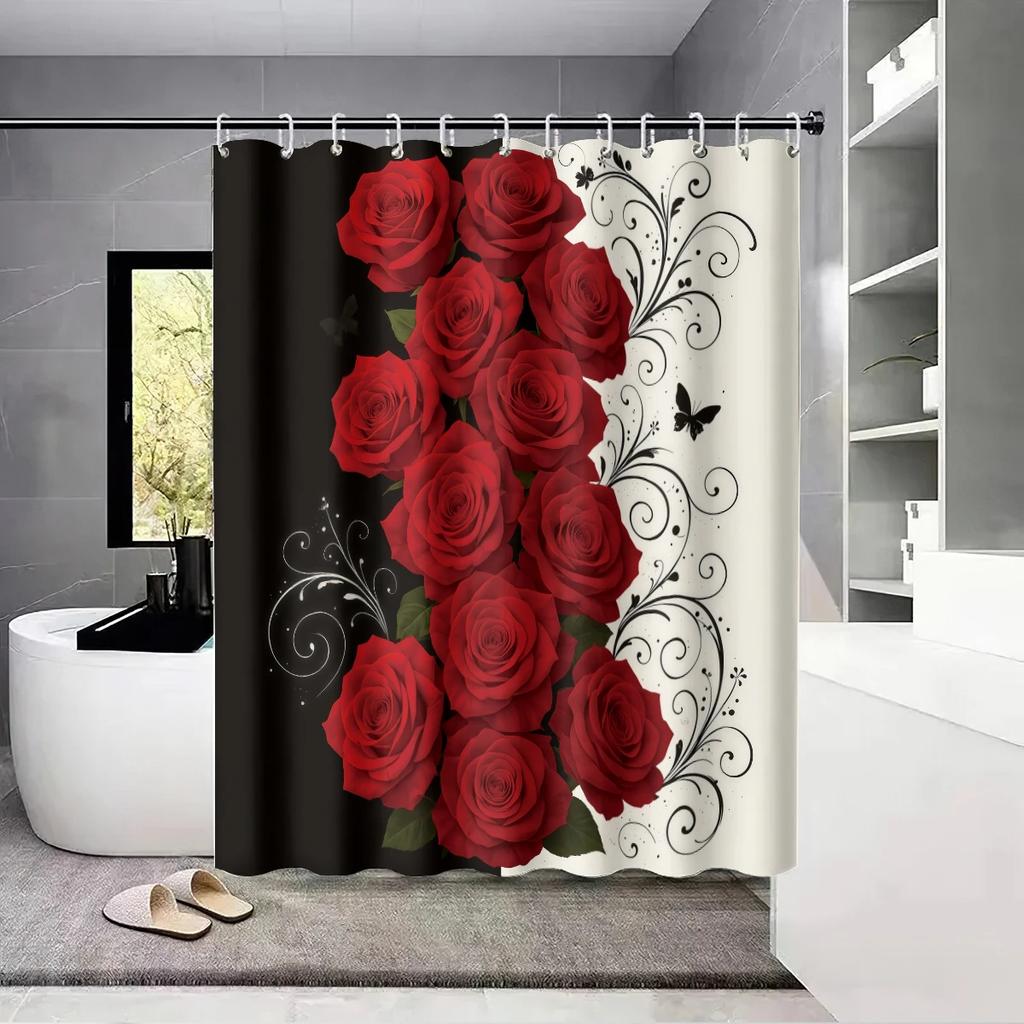 1pc Rose Printed Shower Curtain, Shower Partition, Privacy Hanging Curtain with 12 Hooks, Multiple Sizes, Easy Installation