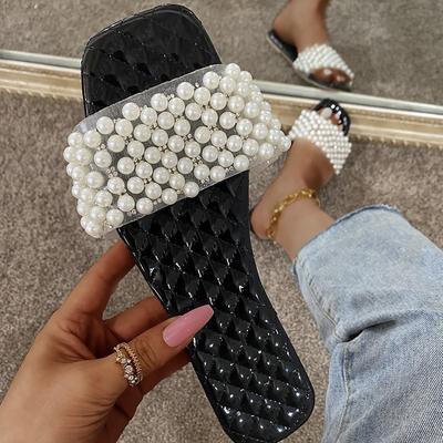 Spring/summer New Women  Pearl Rhinestone Women's All-match Casual Slippers Fashion Solid Color Flat Shoes Sandals
