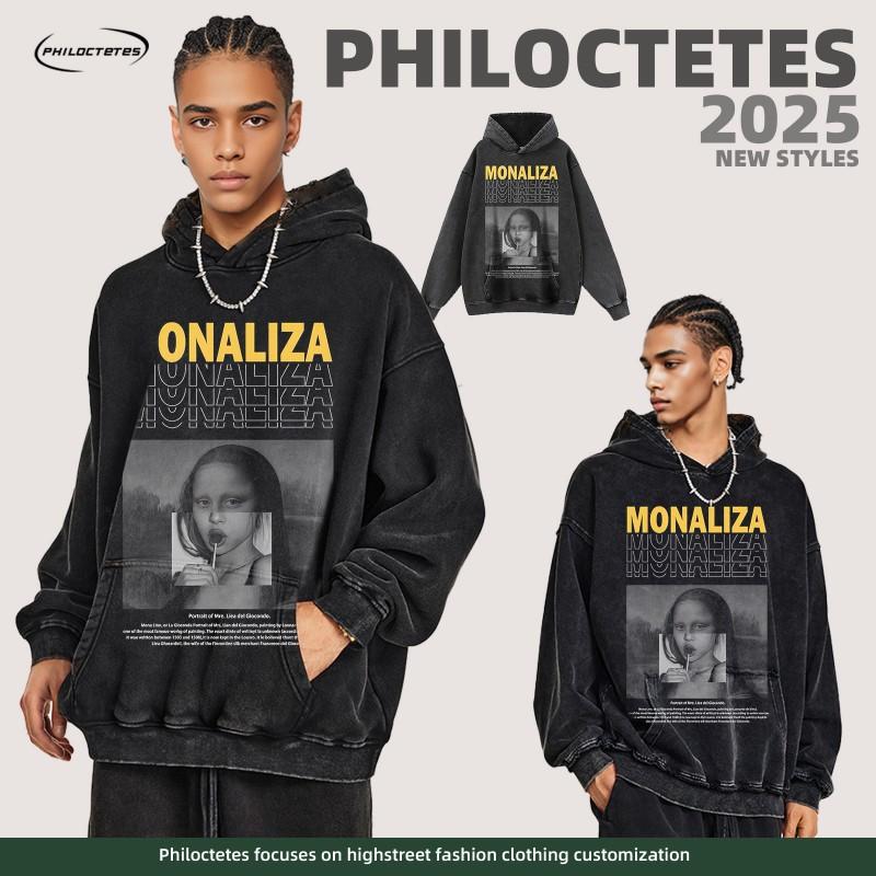 Oversized Vintage Washed Cotton Hoodie With Distressed Print Unisex Streetwear Long Sleeve