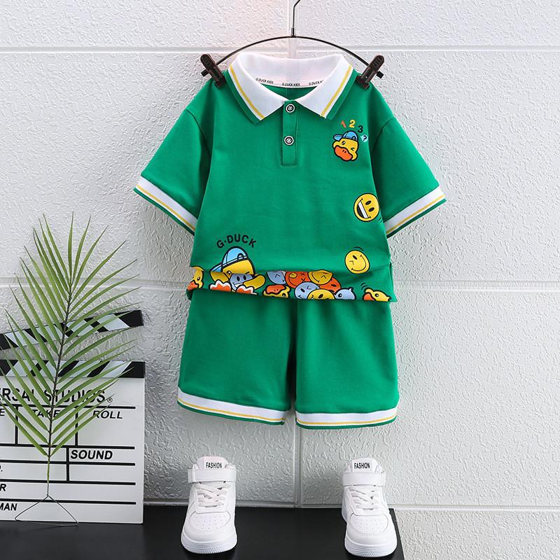 Adorable Yellow Duck Boys Short Sleeve Polo Shirt Set Summer Fashionable Kids Outfits For Ages 3 To 8 With Soft Cotton Fabric