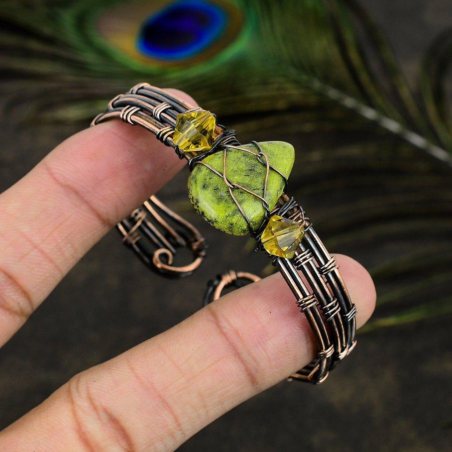 Piatră Naturală Stichtit Gemă Înfășurată în Sârmă de Cupru Manșetă Bățară Ajustabilă J1J49