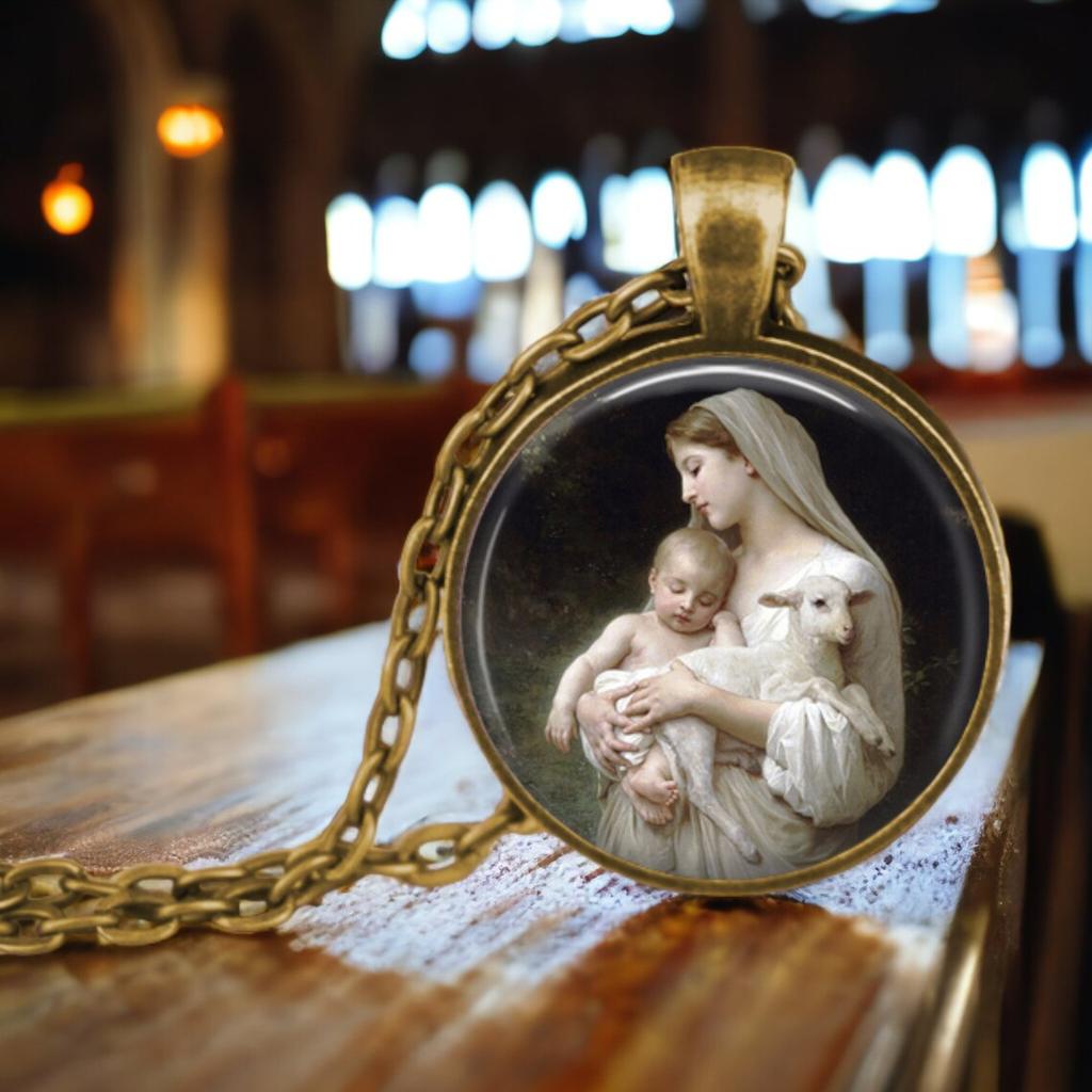 Christian The Holy Family Necklace Round Jesus Glass Dome Cabochon Pendants Necklaces Religious Jewelry