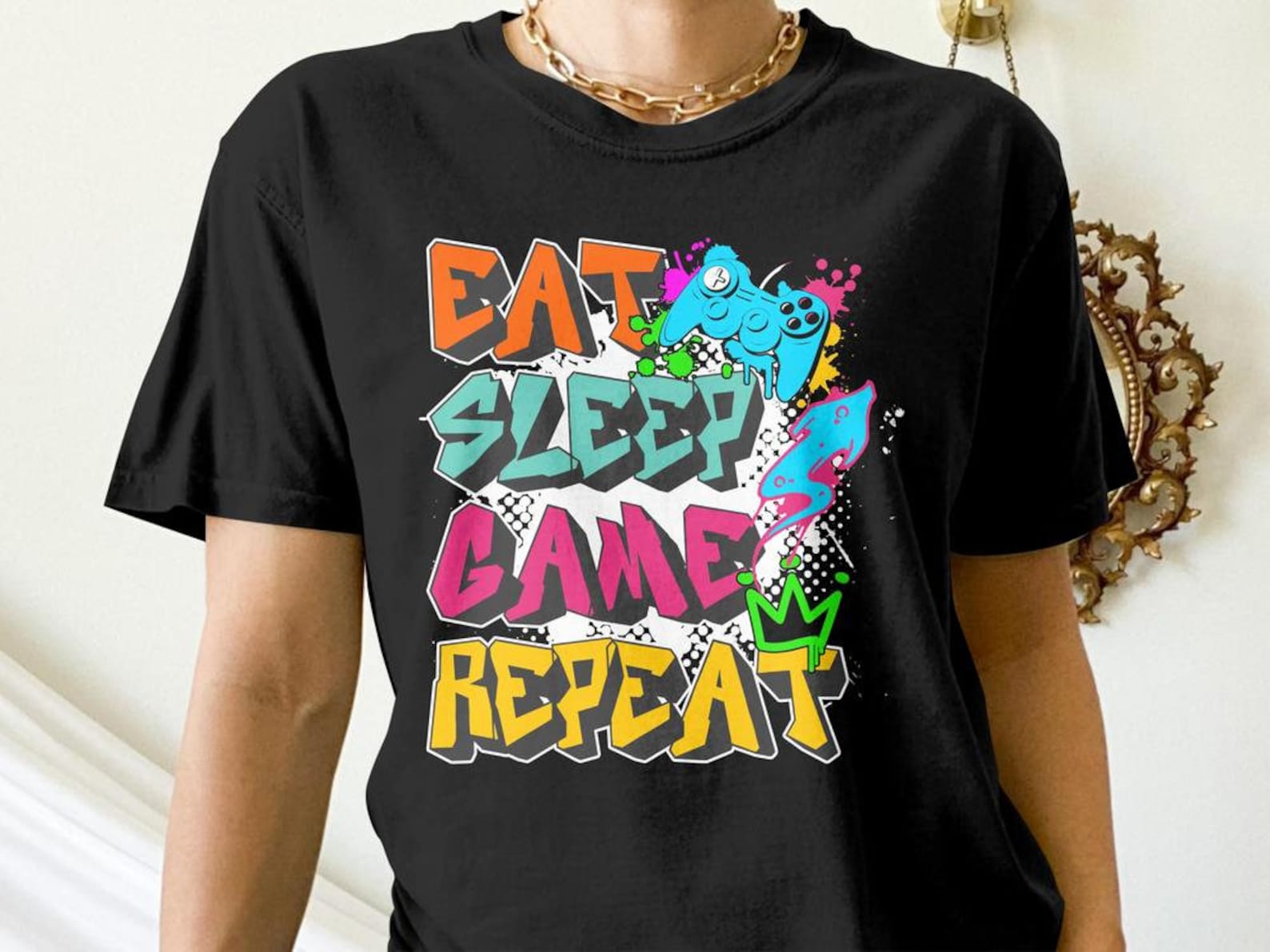 Funny Gamer Shirt, Eat Sleep Game Repeat, Funny Gaming Gift, Video Game Graffiti Tees 2XL