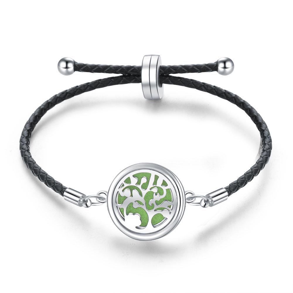 Women's Adjustable Braided Leather Aroma Diffuser Tree of Life Bracelet
