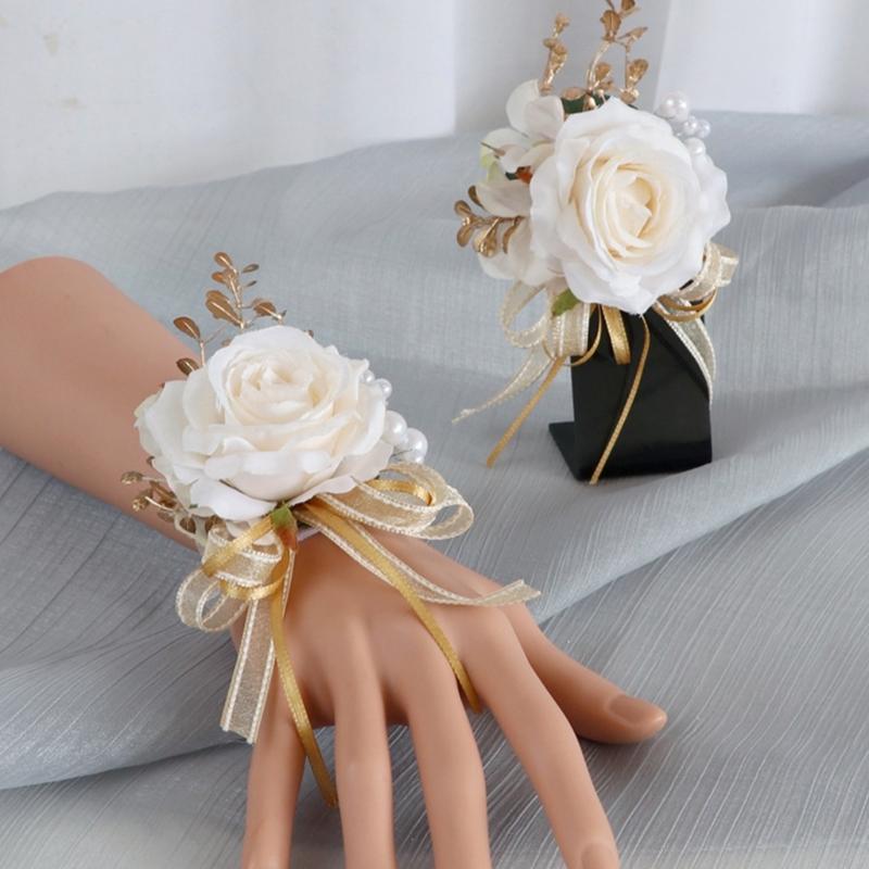 Pack of 6 Silk Rose Flower Brooch/Bracelets Elegant Bridal Jewelry Stylish Wedding Party Accessories for Bridesmaids