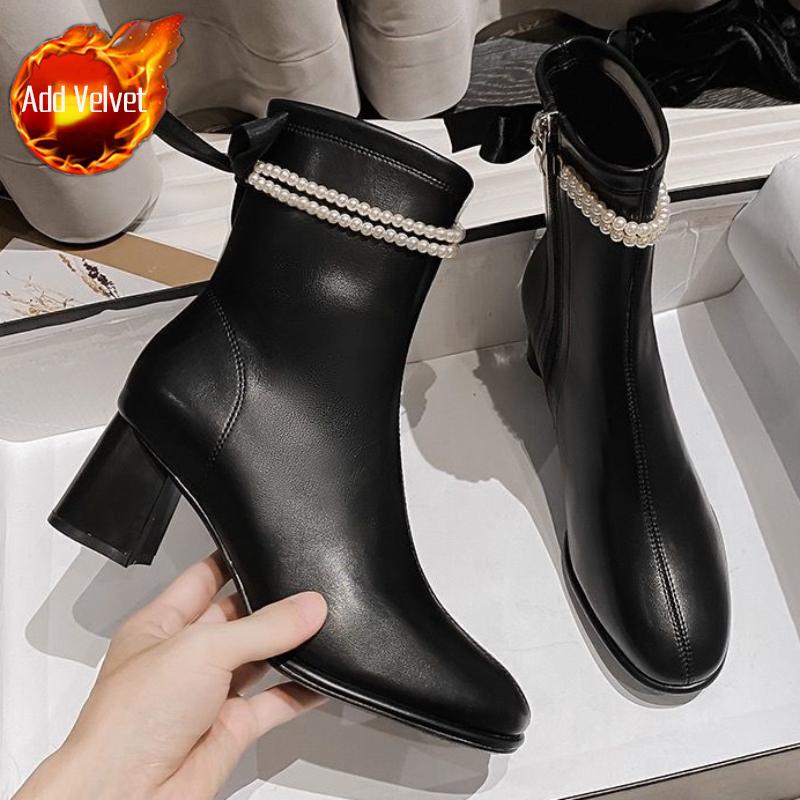 Black High Heels Footwear Mid Calf Elegant Heeled Shoes for Women Ladies Boots White Half Leather On Promotion Fashion 2025 Goth
