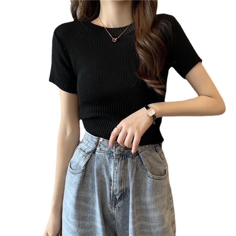 Round Neck Short-sleeved Knit Sweater Slim Thin Tide Short Paragraph Tops Female Casual Summer Essential Comfort and Style Slim Fit Pullovers Tees