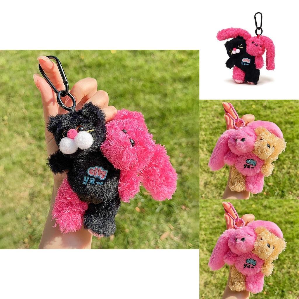Unique Double Head City Plush Keychain Colorful Teddy Rabbit And Cat Design Gift