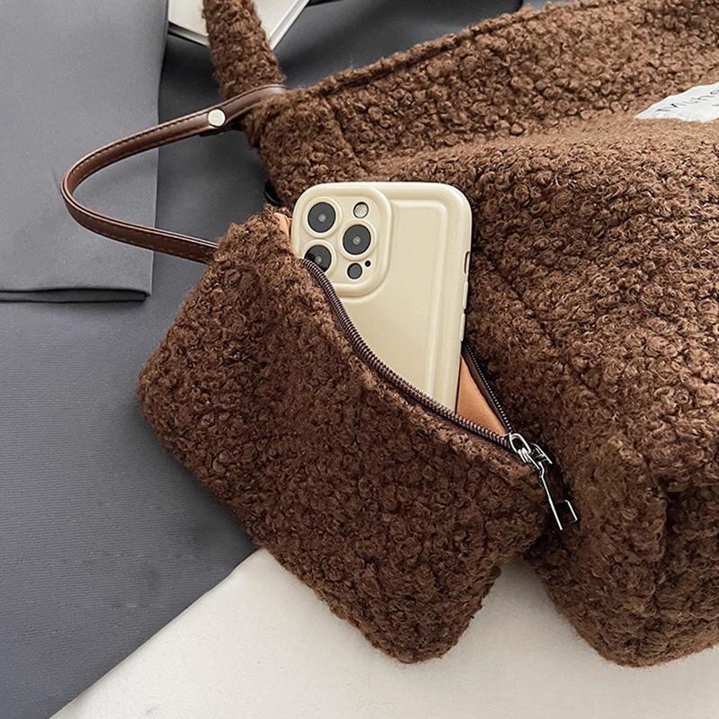 Women's Solid Color Imitation Sherpa Warm Plush Shoulder Bag with Inner Pocket Vintage Crossbody Handbag for Work & Travel KTY