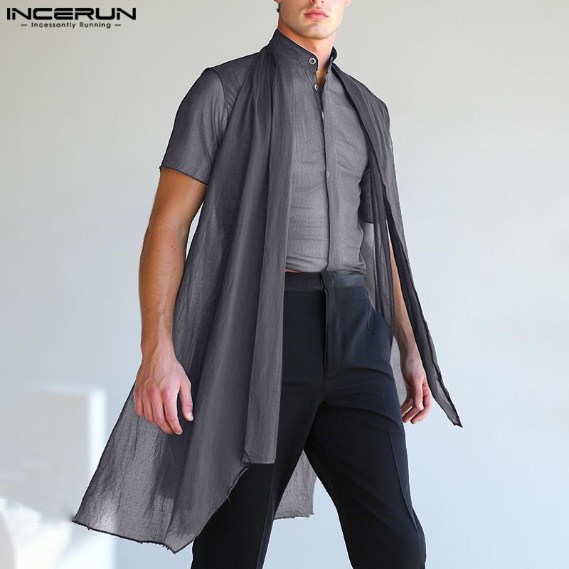 INCERUN Men Stand Neck Short Sleeve Double Layers Buttons Mesh Sheer Casual Shirts
