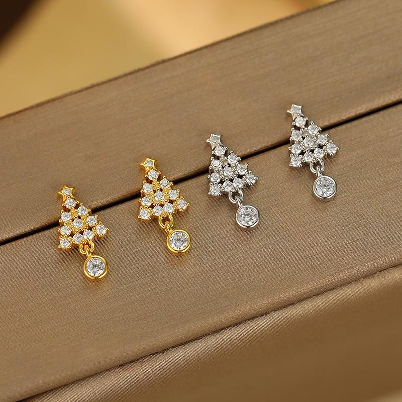 Boucles d'oreilles puces de luxe Arbre de Noël et Étoile en Argent Sterling S925 - Cadeau Exquis Style Mori pour Femmes