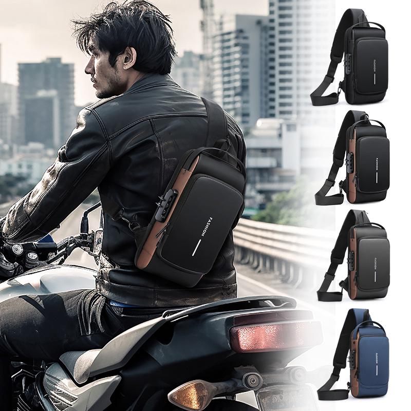 Men's Waterproof Anti-Theft Crossbody Bag with Combination Lock - Nylon Chest Pack for Motorcycle