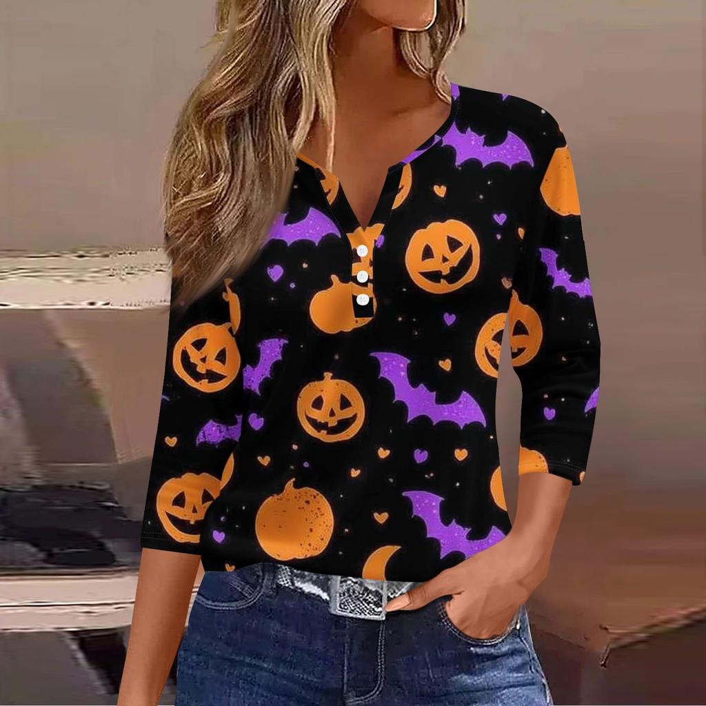 Women's Casual Fashion V-neck Loose Versatile Halloween Print Three-quarter Sleeve Top