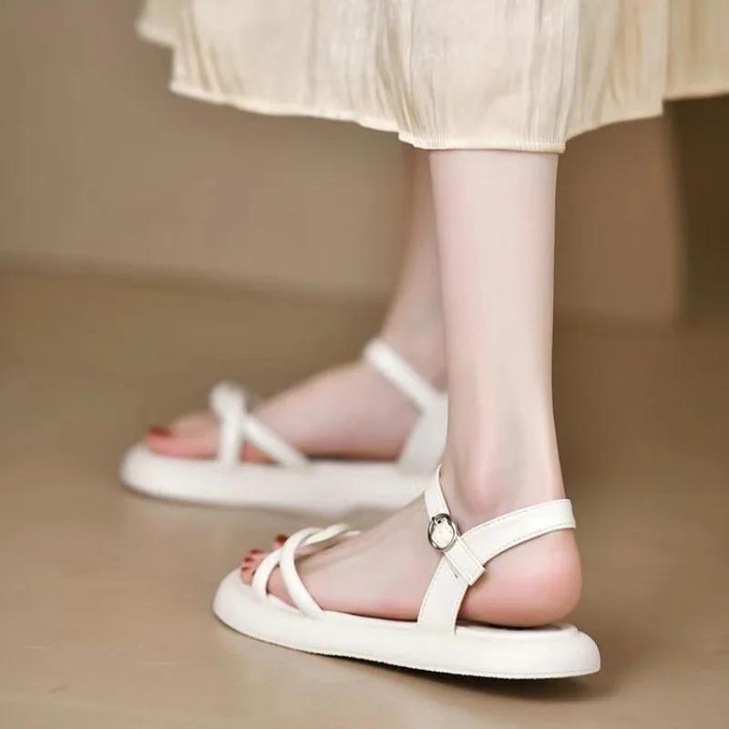 Fashion Ladies Shoes Outdoor Summer 2024 One Word Beach Open Toe Sandals for Women Flat Rubber Footwear Buckles No Heel Chic and Elegant
