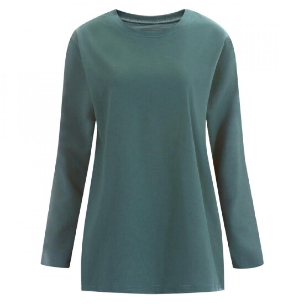Shop Women Loose FiT Slub Round Long Sleeve CoTTon T shirT Dark Khaki Dai Wsh