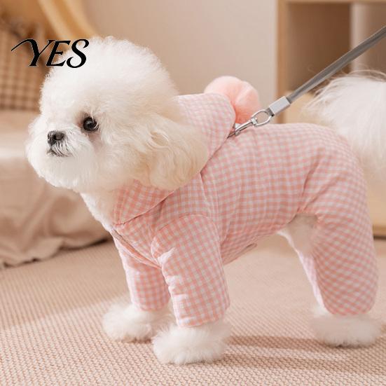 Outdoor Dog Apparel Hooded Plaid Pet Jumpsuit, Four Legged Apparel, Cozy Hoodie with Small Winter Coat Pompom, Plush Lined Onesie Clothes for